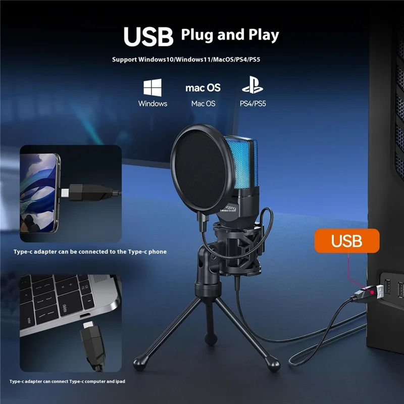 YANMAI SF-777R Microfone de Jogos para Computador USB Condensador com Luz RGB de Mesa