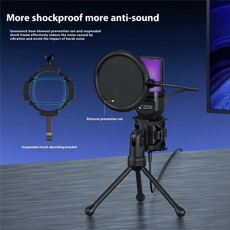 YANMAI SF-777R Microfone de Jogos para Computador USB Condensador com Luz RGB de Mesa