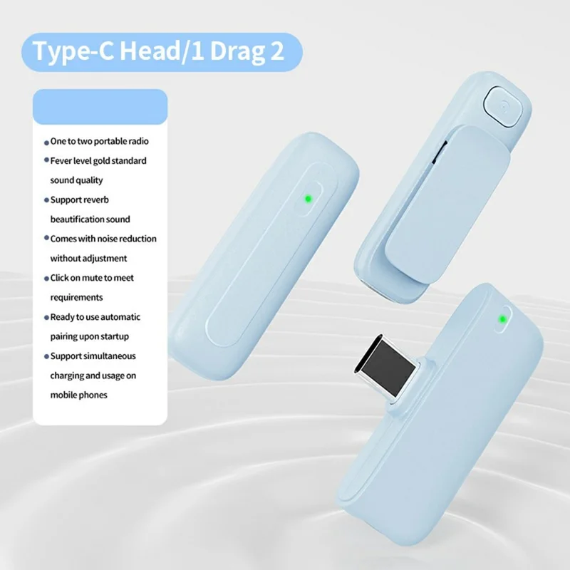 Draadloze M6 reversmicrofoon voor vloggen, video-opnames, geluidsisolatie en live streamen, 2 microfoons + 1 ontvanger - Blauw