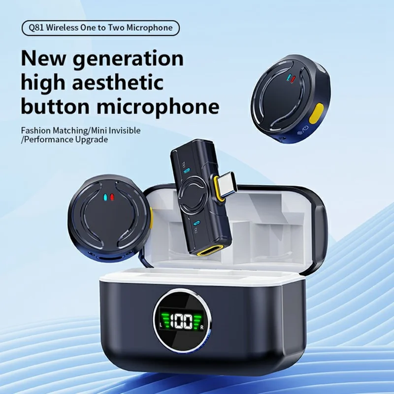 Q81 Mini Wireless Lavalier Microphone Set Smartphone Dual Mic System with Charging Case, 2 Transmitter + 1 Receiver - Type-C Receiver