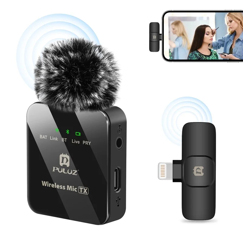 PULUZ PU645B Clip On Mic with 8 Pin Receiver 2.4G Low Latency ENC Noise Reduction Wireless Lavalier Microphone