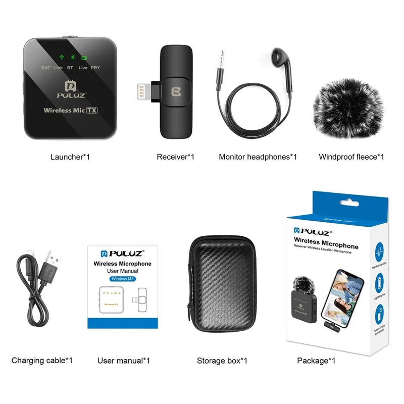 PULUZ PU645B Clip On Mic with 8 Pin Receiver 2.4G Low Latency ENC Noise Reduction Wireless Lavalier Microphone