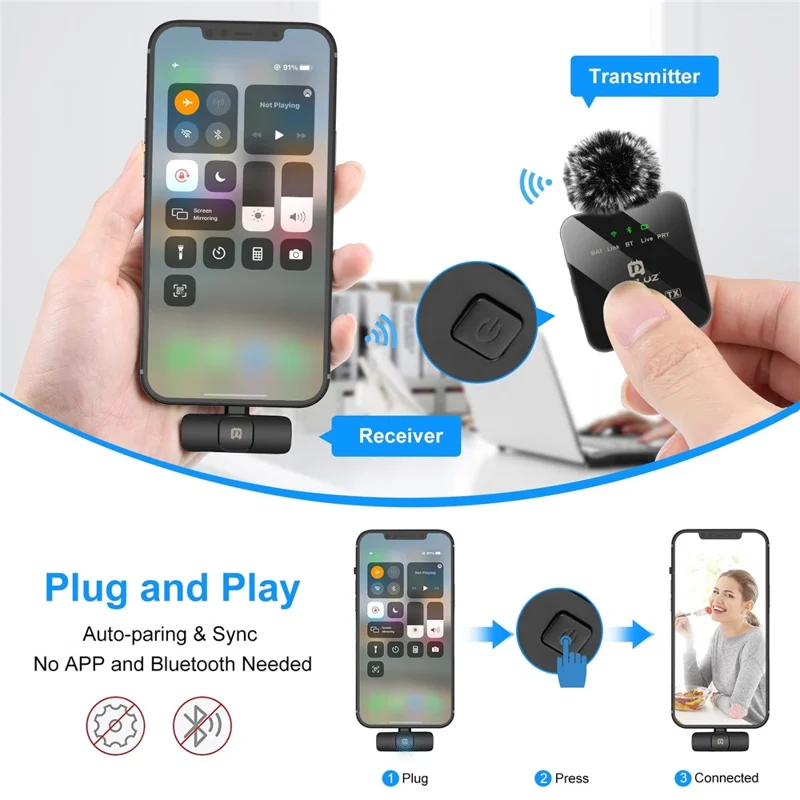 PULUZ PU645B Clip On Mic with 8 Pin Receiver 2.4G Low Latency ENC Noise Reduction Wireless Lavalier Microphone