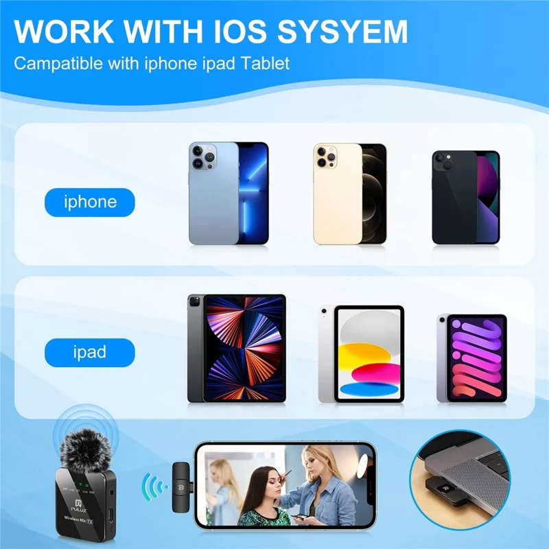 PULUZ PU645B Clip On Mic with 8 Pin Receiver 2.4G Low Latency ENC Noise Reduction Wireless Lavalier Microphone