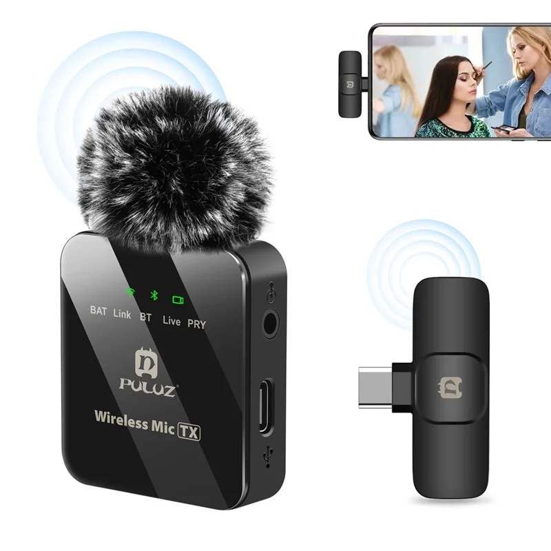 PULUZ PU646B Clip On Mic with Type C Receiver 2.4G Low Latency ENC Noise Reduction Wireless Lavalier Microphone