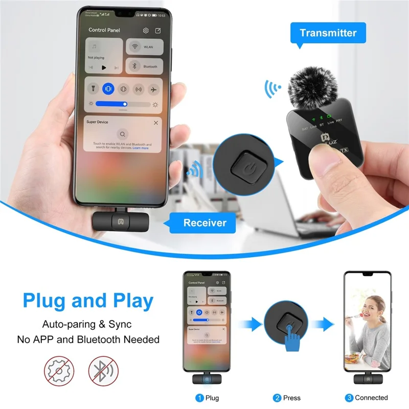 PULUZ PU646B Clip On Mic with Type C Receiver 2.4G Low Latency ENC Noise Reduction Wireless Lavalier Microphone