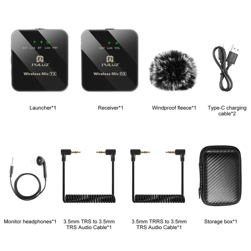 PULUZ PU3153B Trådløst lommemikrofonsystem med sanntidsovervågning til vlog, livesending og interview, 1 transmitter + 1 modtager