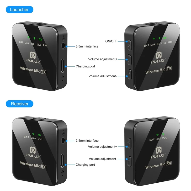 PULUZ PU3153B Trådløst lommemikrofonsystem med sanntidsovervågning til vlog, livesending og interview, 1 transmitter + 1 modtager