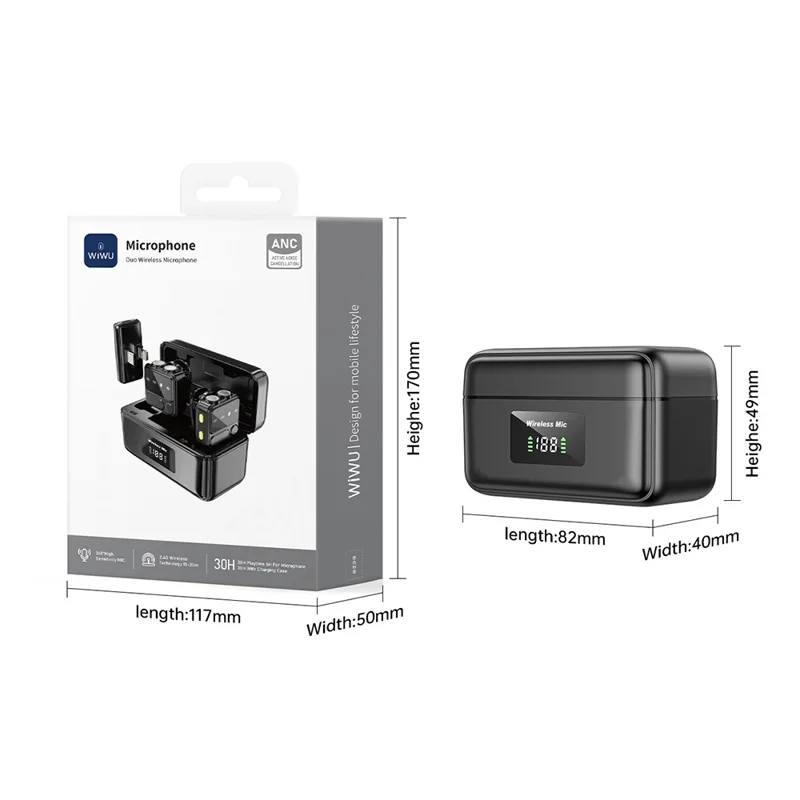 WIWU Wi-WM005 Microfono Lavalier Bluetooth con Riduzione del Rumore, Microfono Wireless con Ricevitore 2 in 1 per iP + Type C