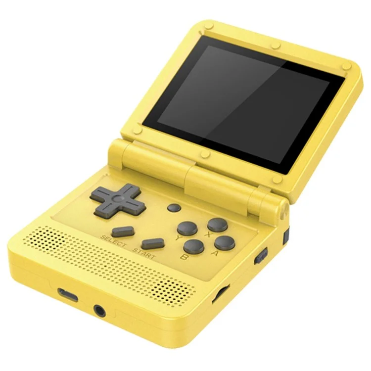 POWKIDDY V90 (16GB-Karte) Englische Version Retro-Spielekonsole für die Handhaltung mit Klapphülle, 3-Zoll-Bildschirm, Open-Source-Videospielplayer - Gelb