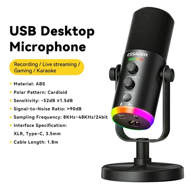 ESSAGER ABS Skrivbordsmikrofon med XLR / Type-C / 3,5 mm gränssnitt och 1,8 m kabel DSP-brusreducering - Svart