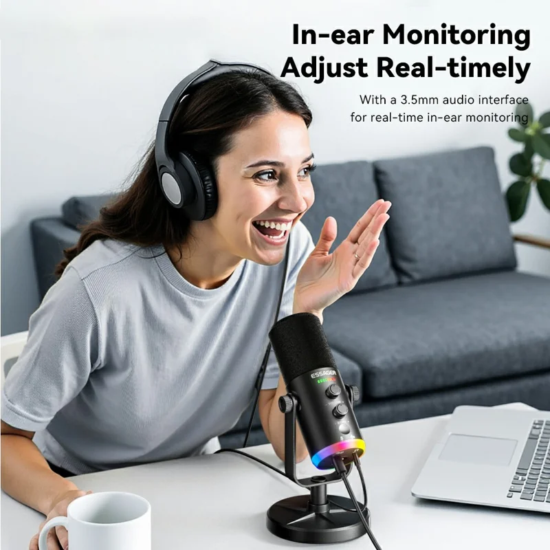 ESSAGER ABS Skrivbordsmikrofon med XLR / Type-C / 3,5 mm gränssnitt och 1,8 m kabel DSP-brusreducering - Svart