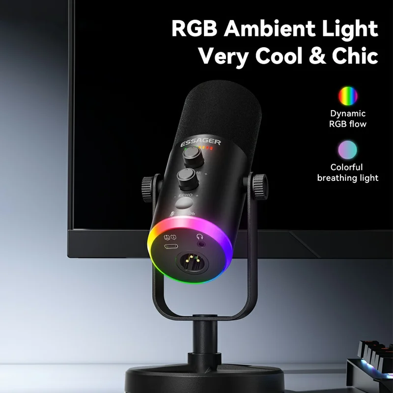 ESSAGER ABS Skrivbordsmikrofon med XLR / Type-C / 3,5 mm gränssnitt och 1,8 m kabel DSP-brusreducering - Svart