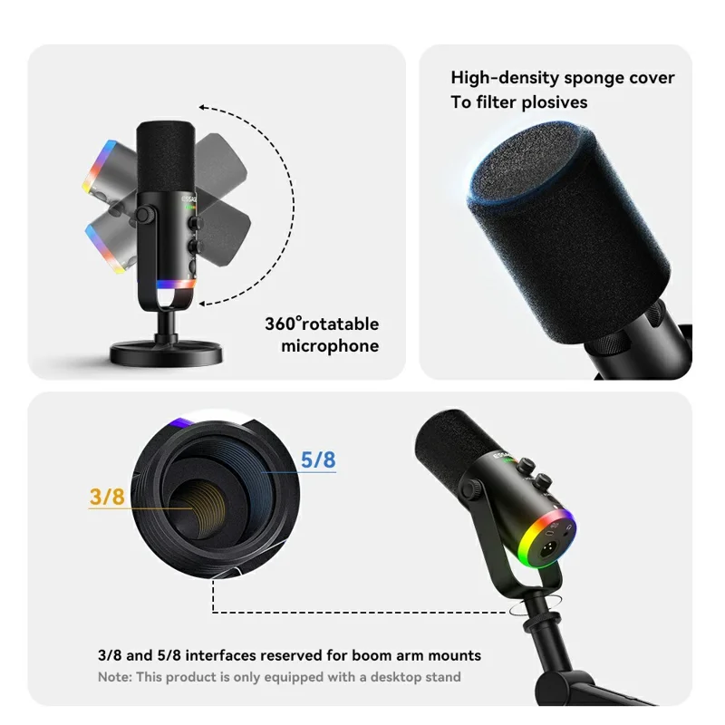 ESSAGER ABS Skrivbordsmikrofon med XLR / Type-C / 3,5 mm gränssnitt och 1,8 m kabel DSP-brusreducering - Svart