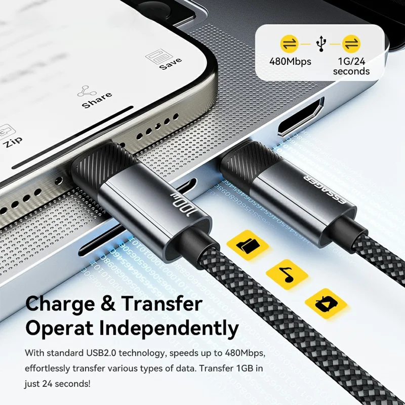 ESSAGER 2 in 1 3 Speeds Adjustable Massage USB-C to USB-C Data Cable 1.5m 100W Fast Charging Cord
