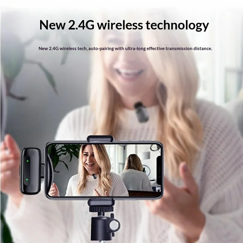 K20 Type-C Wireless Lavalier Microphone Smart Noise Cancelling for Live Streaming Mini Clip-On Mic - Black