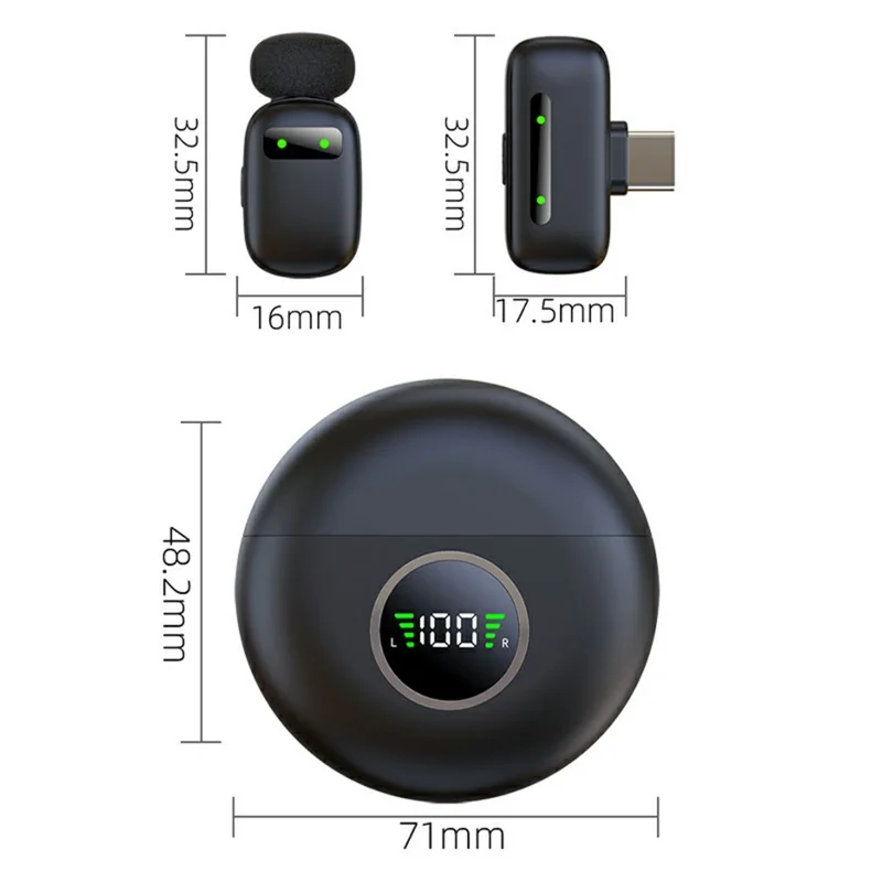 K20 Type-C Wireless Lavalier Microphone Smart Noise Cancelling for Live Streaming Mini Clip-On Mic - Black