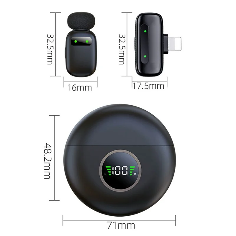 Microfone Lapela Sem Fios K20 com Interface 8-Pinos, Microfone Mini Clip com Cancelamento Inteligente de Ruído para Transmissões em Direto - Preto