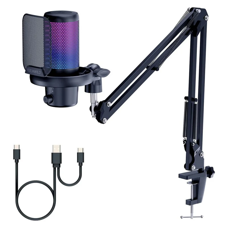 FEELWORLD VM1 USB Condenser Microphone Noise Cancellation PC Gaming Mic with Stand / RGB Light - Black