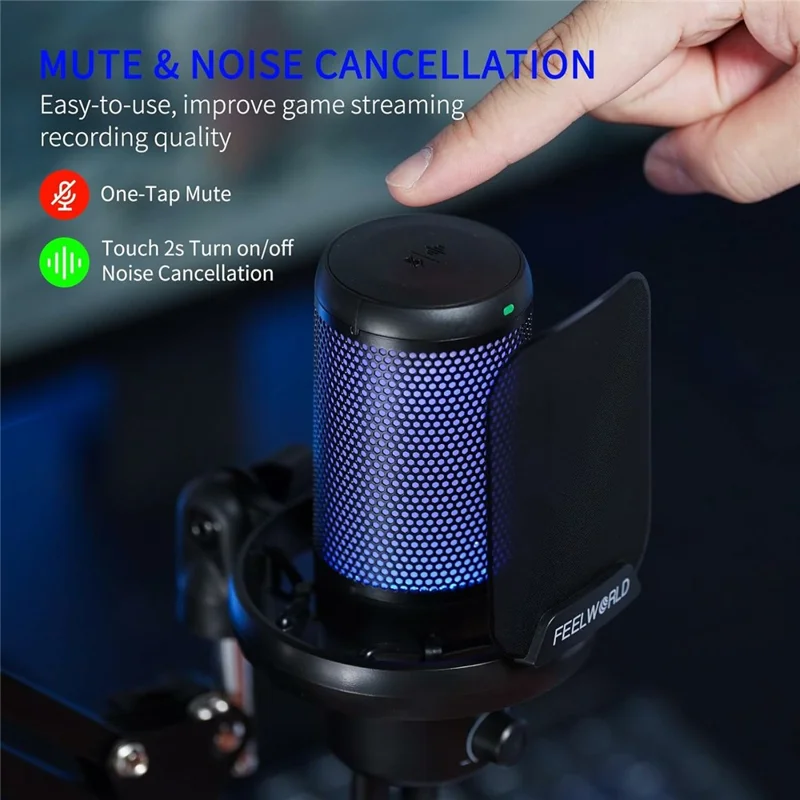 FEELWORLD VM1 USB Condenser Microphone Noise Cancellation PC Gaming Mic with Stand / RGB Light - Black