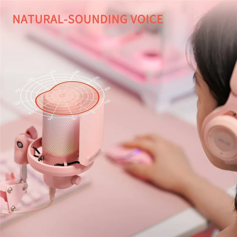 FEELWORLD VM1-AS-P USB Gaming Microphone Noise Cancellation RGB Light Condenser Mic with Boom Arm Stand - Pink