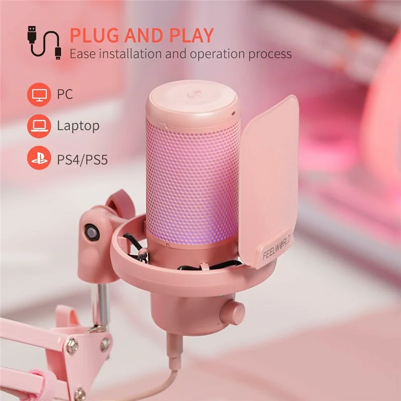 FEELWORLD VM1-AS-P USB Gaming Microphone Noise Cancellation RGB Light Condenser Mic with Boom Arm Stand - Pink
