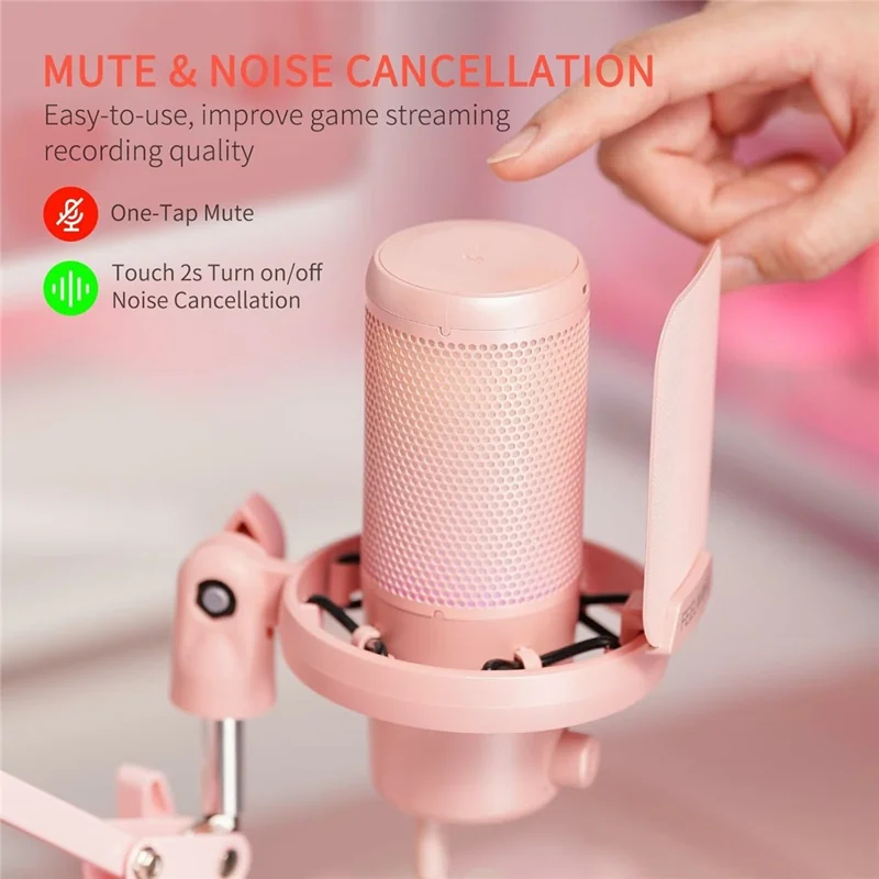 FEELWORLD VM1-AS-P USB Gaming Microphone Noise Cancellation RGB Light Condenser Mic with Boom Arm Stand - Pink