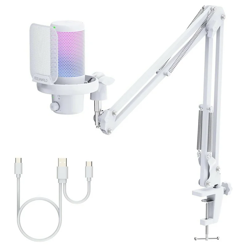 FEELWORLD VM1-AS-W USB Gaming Microphone Noise Reduction RGB Lighting Mic for Live Streaming - White
