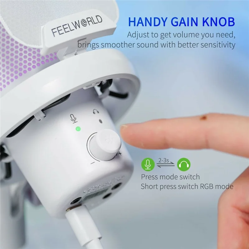 FEELWORLD VM1-AS-W USB Gaming Microphone Noise Reduction RGB Lighting Mic for Live Streaming - White