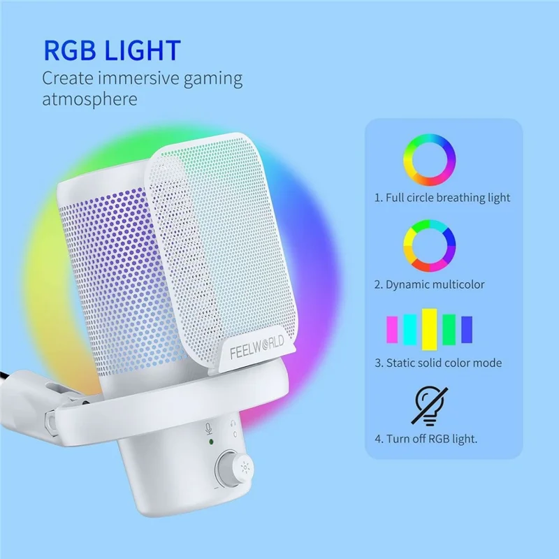 FEELWORLD VM1-AS-W USB Gaming Microphone Noise Reduction RGB Lighting Mic for Live Streaming - White
