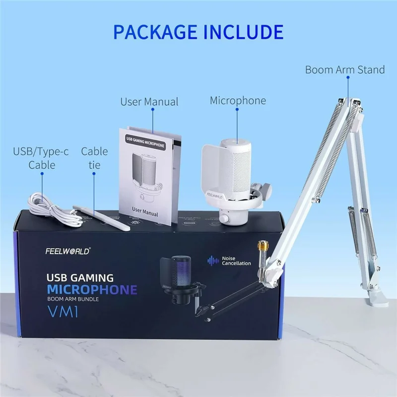 FEELWORLD VM1-AS-W USB Gaming Microphone Noise Reduction RGB Lighting Mic for Live Streaming - White