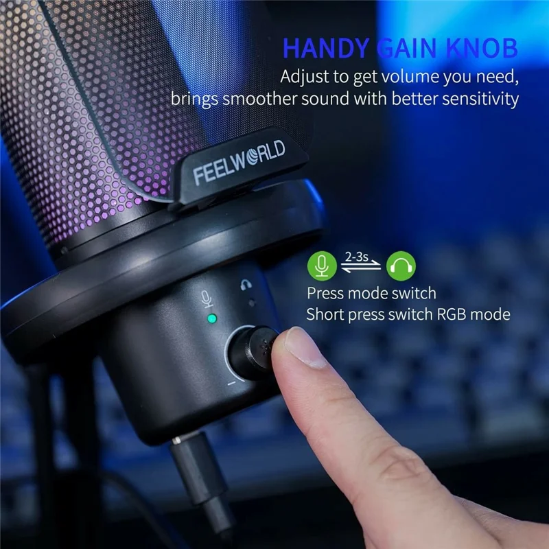 FEELWORLD VM1-XS USB-Gaming-Mikrofon Kondensator Niere-Charakteristik mit RGB-Licht Tischständer - Schwarz