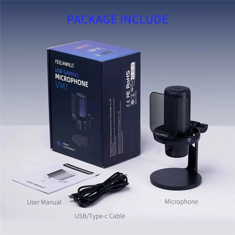 FEELWORLD VM1-XS USB-Gaming-Mikrofon Kondensator Niere-Charakteristik mit RGB-Licht Tischständer - Schwarz