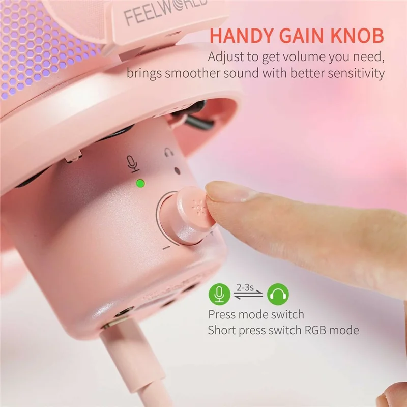 FEELWORLD VM1-XS-P USB Gaming Microphone One Touch Mute / Noise Cancellation RGB Light Cardioid Desktop Stand - Pink