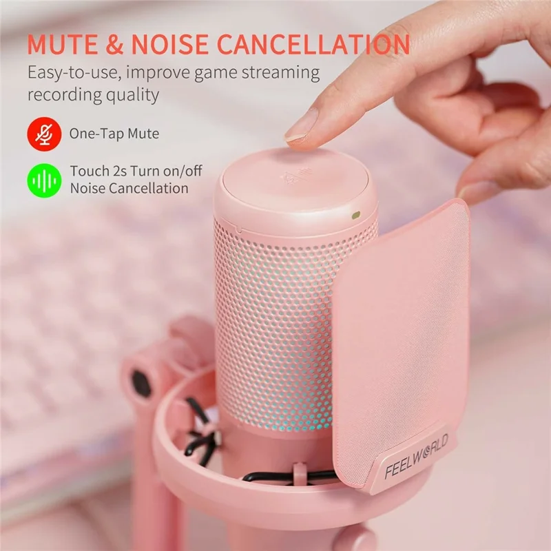 FEELWORLD VM1-XS-P USB Gaming Microphone One Touch Mute / Noise Cancellation RGB Light Cardioid Desktop Stand - Pink