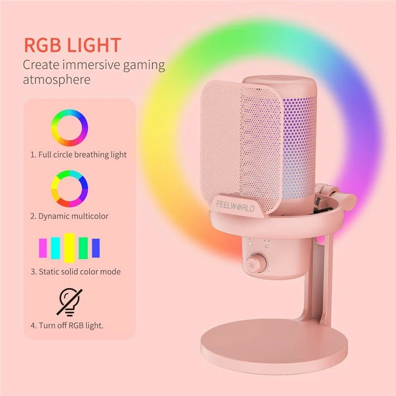 FEELWORLD VM1-XS-P USB Gaming Microphone One Touch Mute / Noise Cancellation RGB Light Cardioid Desktop Stand - Pink