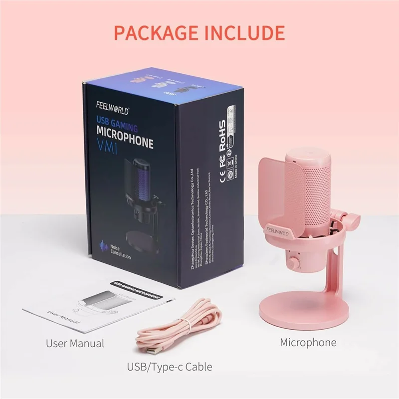 FEELWORLD VM1-XS-P USB Gaming Microphone One Touch Mute / Noise Cancellation RGB Light Cardioid Desktop Stand - Pink
