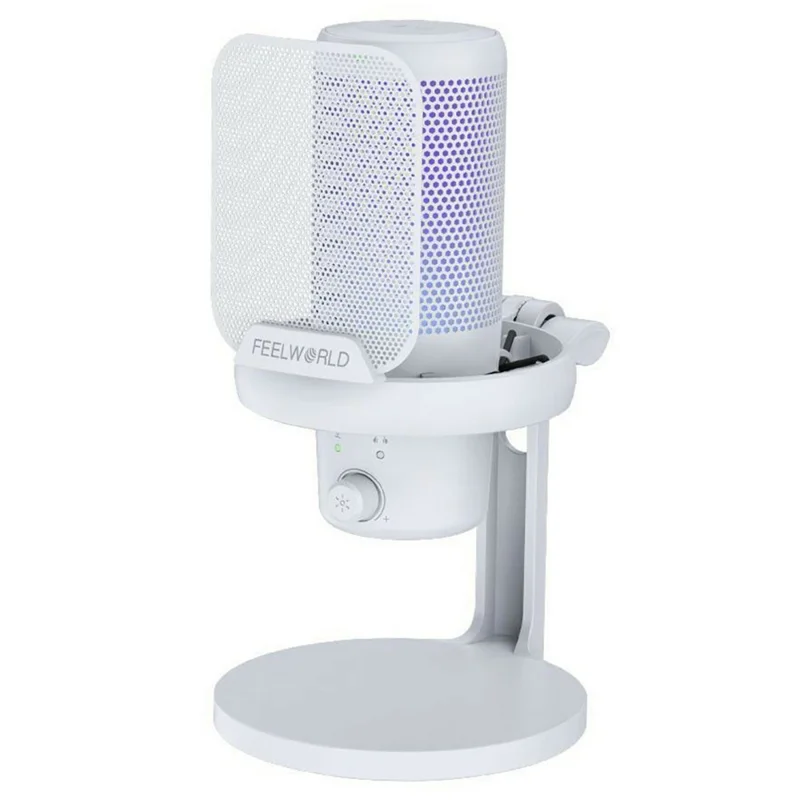 FEELWORLD VM1-XS-W USB Gaming Microphone One Click Noise Cancellation Mute Cardioid RGB Light Desktop Stand - White