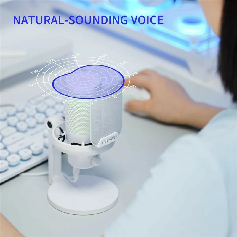 FEELWORLD VM1-XS-W USB Gaming Microphone One Click Noise Cancellation Mute Cardioid RGB Light Desktop Stand - White
