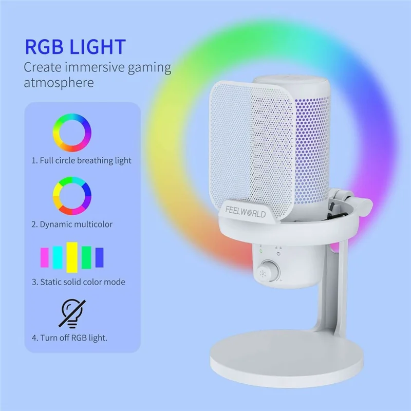 FEELWORLD VM1-XS-W USB Gaming Microphone One Click Noise Cancellation Mute Cardioid RGB Light Desktop Stand - White