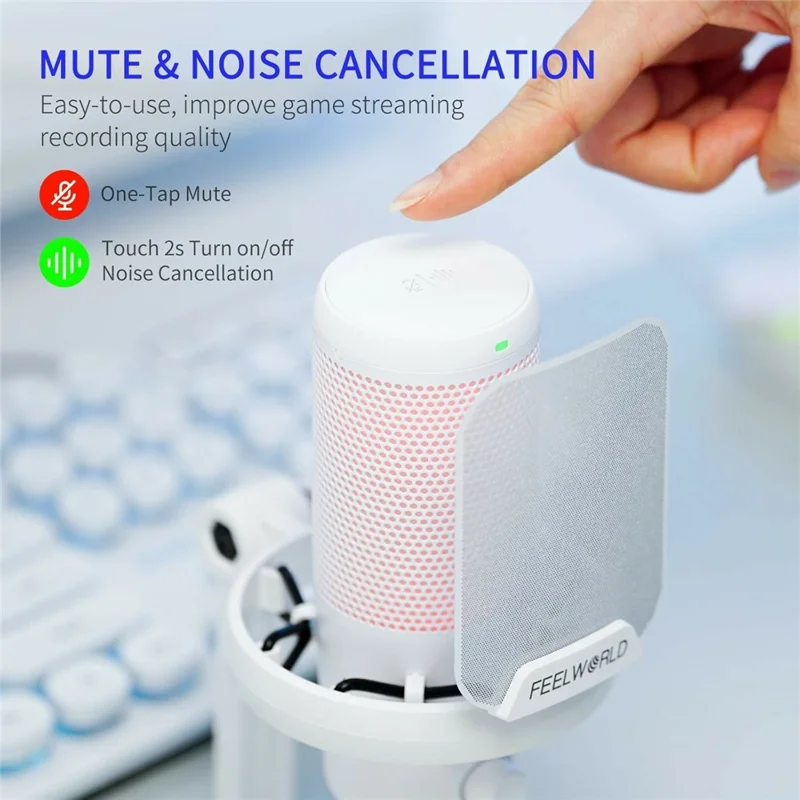 FEELWORLD VM1-XS-W USB Gaming Microphone One Click Noise Cancellation Mute Cardioid RGB Light Desktop Stand - White