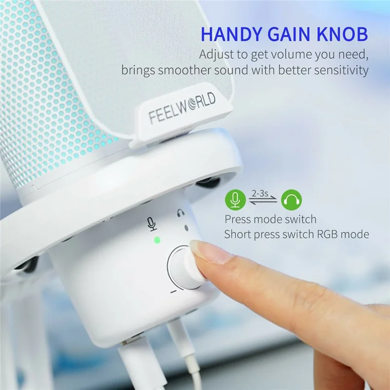 FEELWORLD VM1-XS-W USB Gaming Microphone One Click Noise Cancellation Mute Cardioid RGB Light Desktop Stand - White