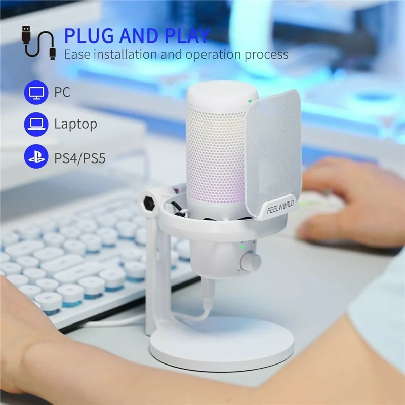 FEELWORLD VM1-XS-W USB Gaming Microphone One Click Noise Cancellation Mute Cardioid RGB Light Desktop Stand - White