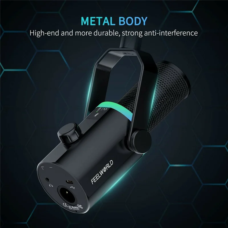 FEELWORLD PM1 Динамический микрофон XLR / USB для подкастов, игр, стриминга и записи с RGB-подсветкой - Черный