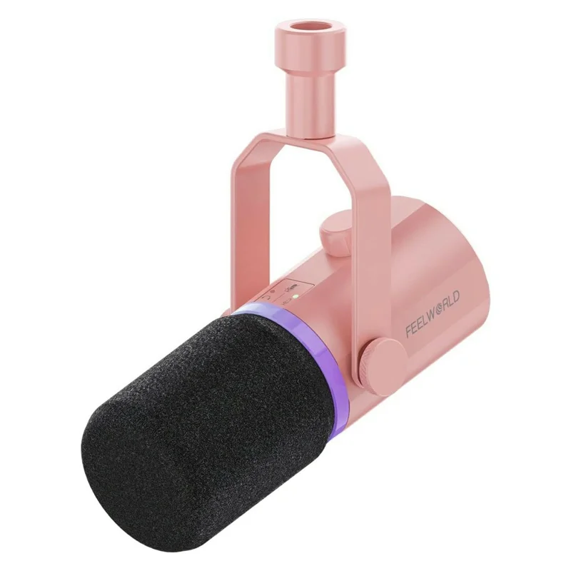 FEELWORLD PM1-P Dynamisches Mikrofon XLR/USB Podcast Gaming Streaming Aufnahmemikrofon mit RGB-Beleuchtung – Pink