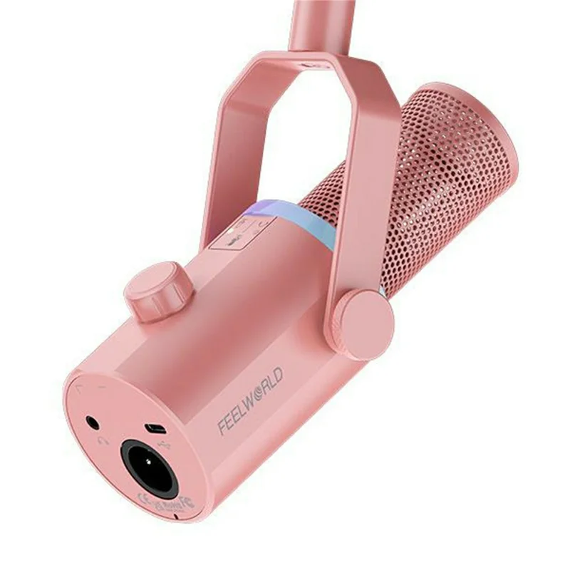 FEELWORLD PM1-P Dynamisches Mikrofon XLR/USB Podcast Gaming Streaming Aufnahmemikrofon mit RGB-Beleuchtung – Pink