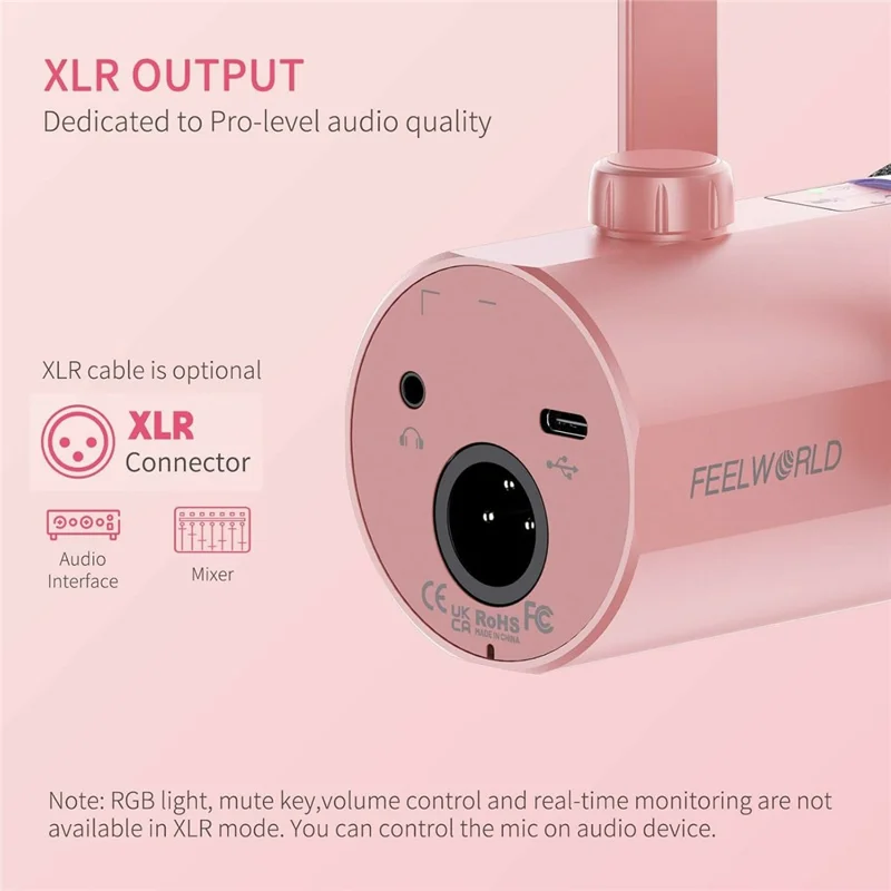 FEELWORLD PM1-P Dynamisches Mikrofon XLR/USB Podcast Gaming Streaming Aufnahmemikrofon mit RGB-Beleuchtung – Pink