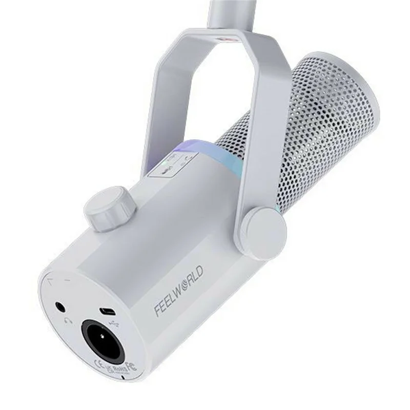 FEELWORLD PM1-W Dynamisches Mikrofon XLR/USB Podcast Gaming Streaming Aufnahmemikrofon mit RGB-Beleuchtung – Weiß