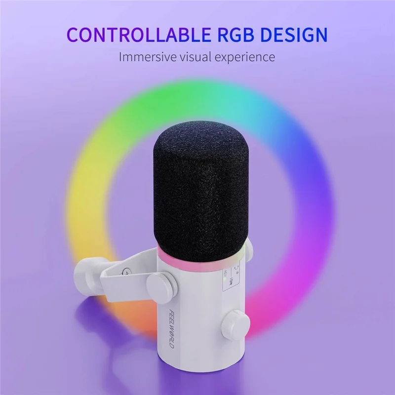 FEELWORLD PM1-W Dynamisches Mikrofon XLR/USB Podcast Gaming Streaming Aufnahmemikrofon mit RGB-Beleuchtung – Weiß