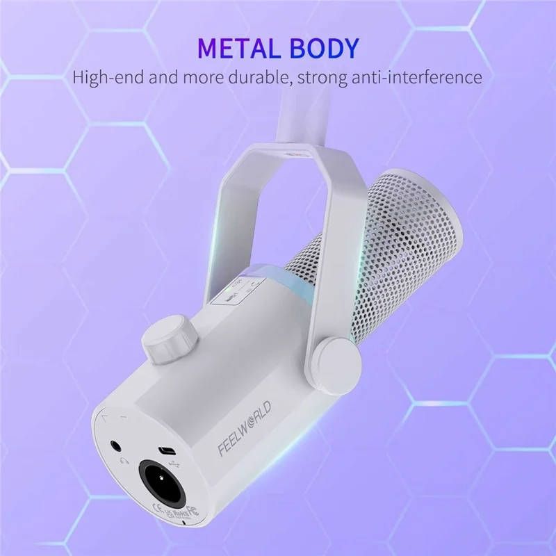 FEELWORLD PM1-W Dynamisches Mikrofon XLR/USB Podcast Gaming Streaming Aufnahmemikrofon mit RGB-Beleuchtung – Weiß